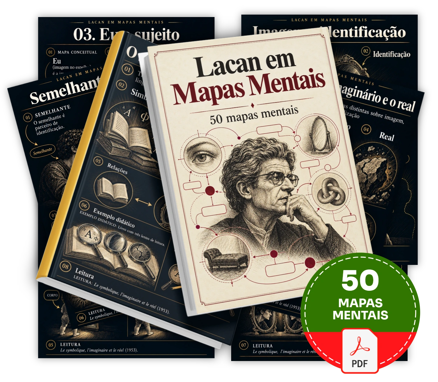 Diferencie conceitos próximos de Lacan e entenda suas relações com 50 mapas mentais.